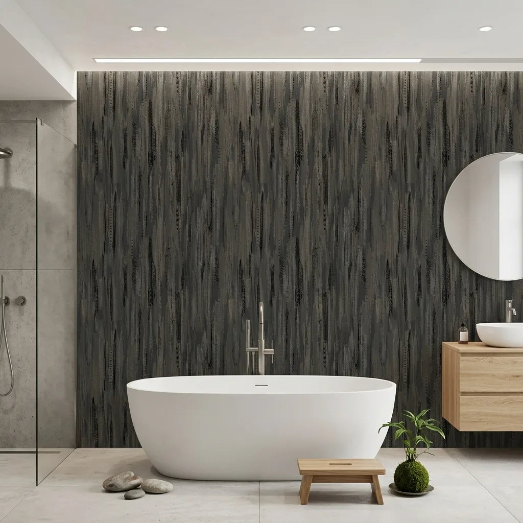 Bathroom - Contemporary bathroom featuring 'Tribeca' charcoal wallpaper by York Wallcoverings, perfect for a modern home.