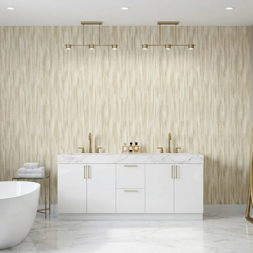 Bathroom - 'Tribeca' wallpaper by York Wallcoverings in cream and beige adds a stylish touch to this elegant bathroom.