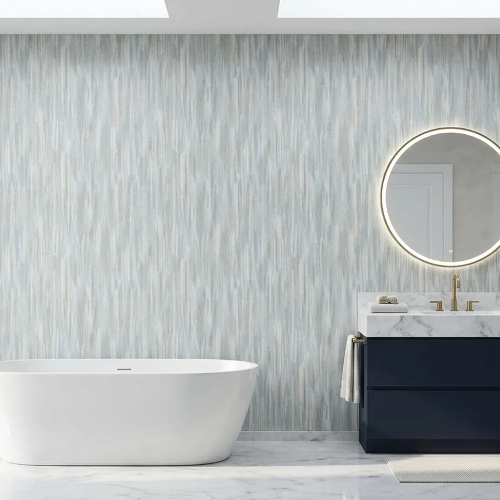 Bathroom - Elegant bath with Tribeca wallpaper by York Wallcoverings, featuring a stylish blue, white, and beige geometric pattern.