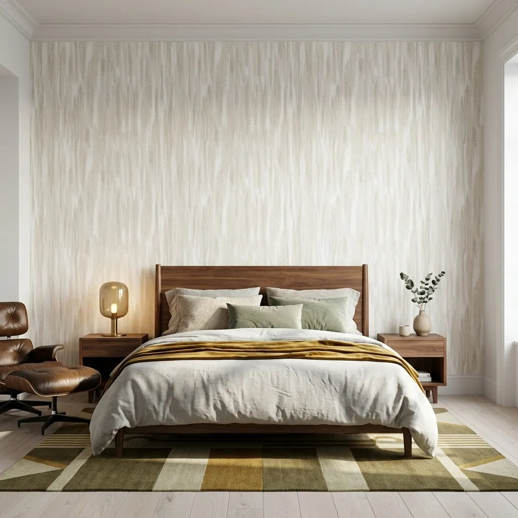 Bedroom - Interior design featuring Tribeca wallpaper in Warm Ivory by York Wallcoverings, creating a sophisticated and inviting space.