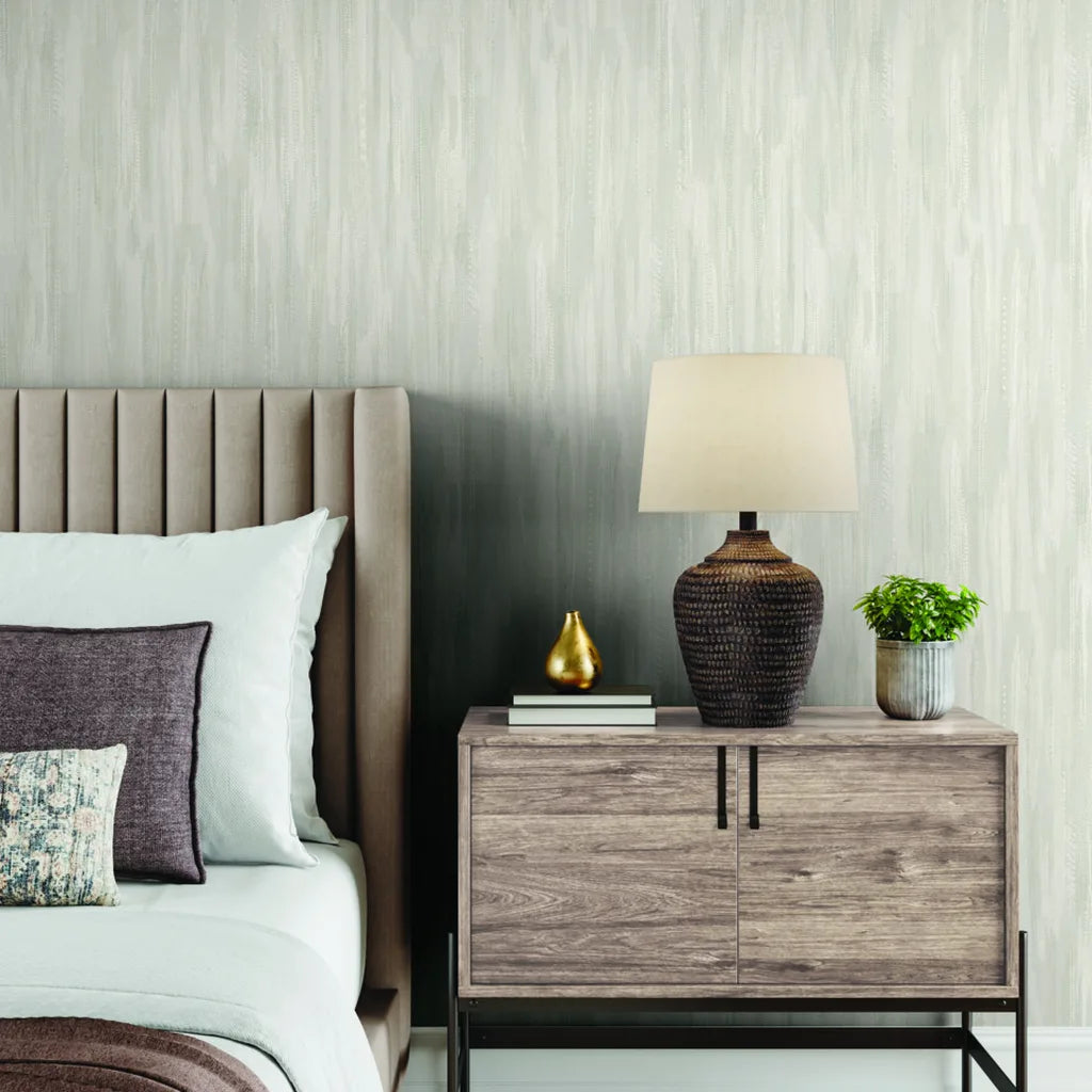 Bedroom photo showcasing Tribeca Warm Ivory wallpaper by York Wallcoverings, enhancing a serene and stylish space.