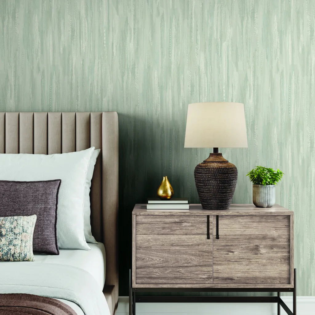Light Grey Blue Tribeca wallpaper by York Wallcoverings adds elegant style to this modern bedroom.