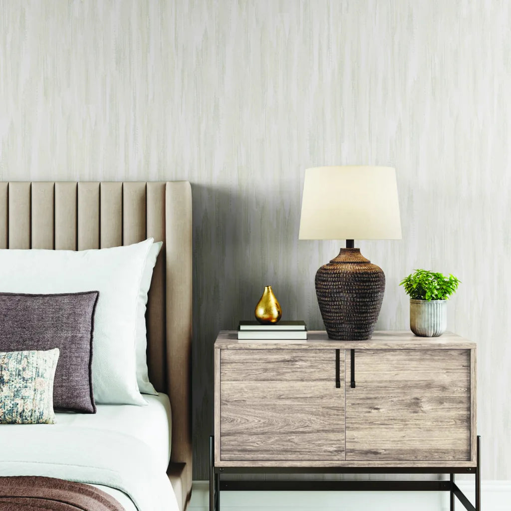 Bedroom featuring elegant Tribeca wallpaper in Warm Ivory by York Wallcoverings, creating a serene and stylish space.