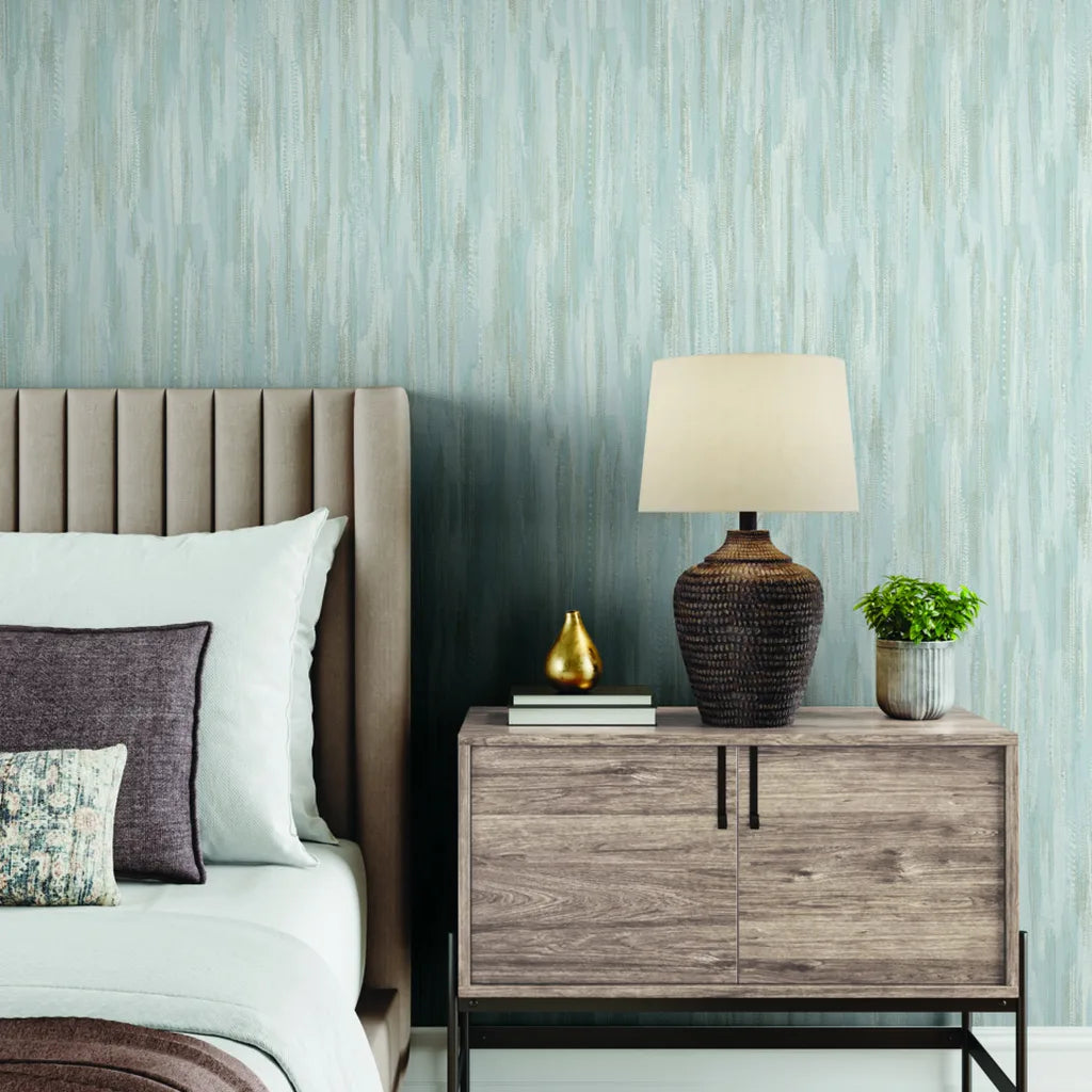 Tribeca wallpaper by York Wallcoverings in Blue, White, Beige enhances this modern bedroom.