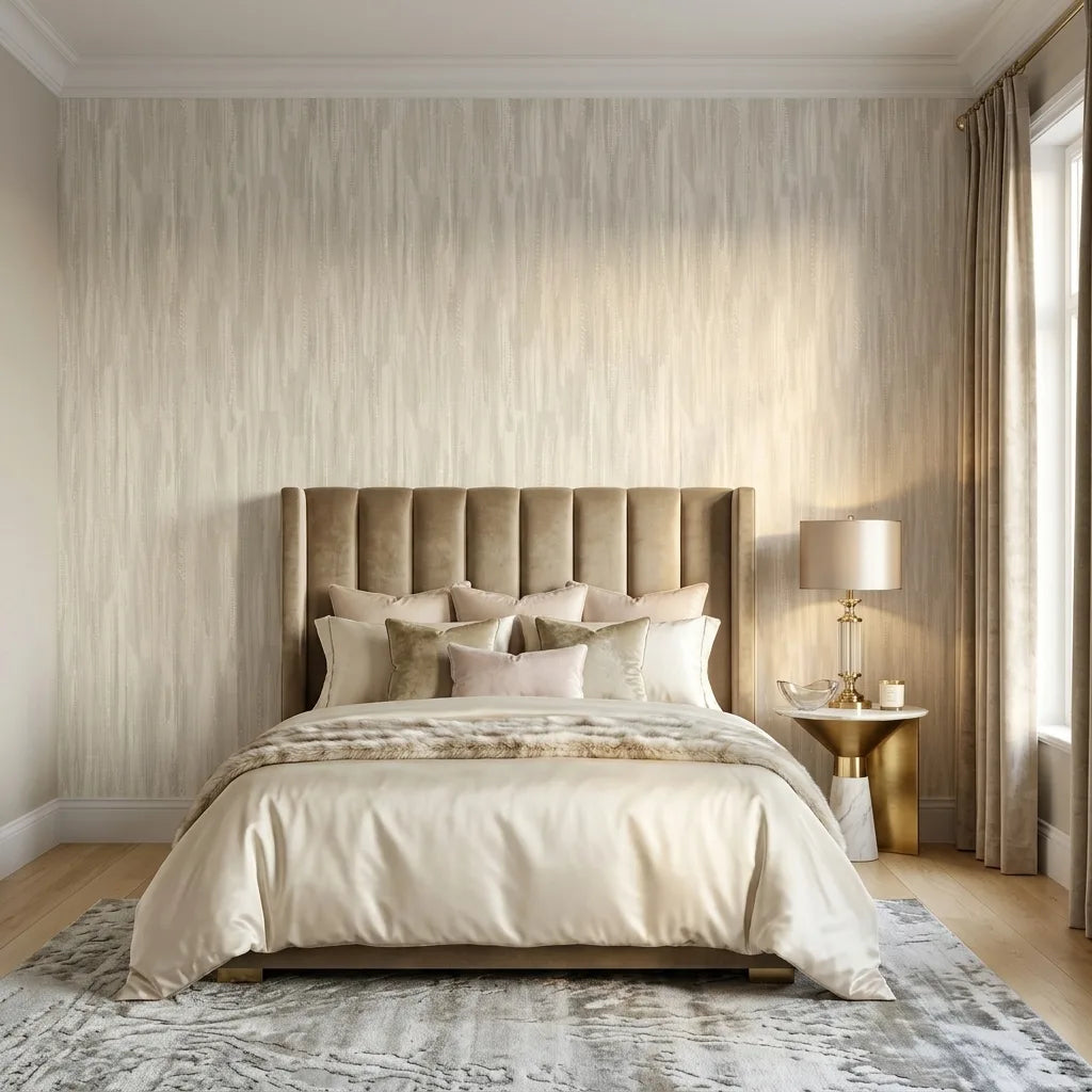 Bedroom - Elegant bedroom with 'Tribeca' wallpaper in Warm Ivory by York Wallcoverings, creating a serene and stylish space.