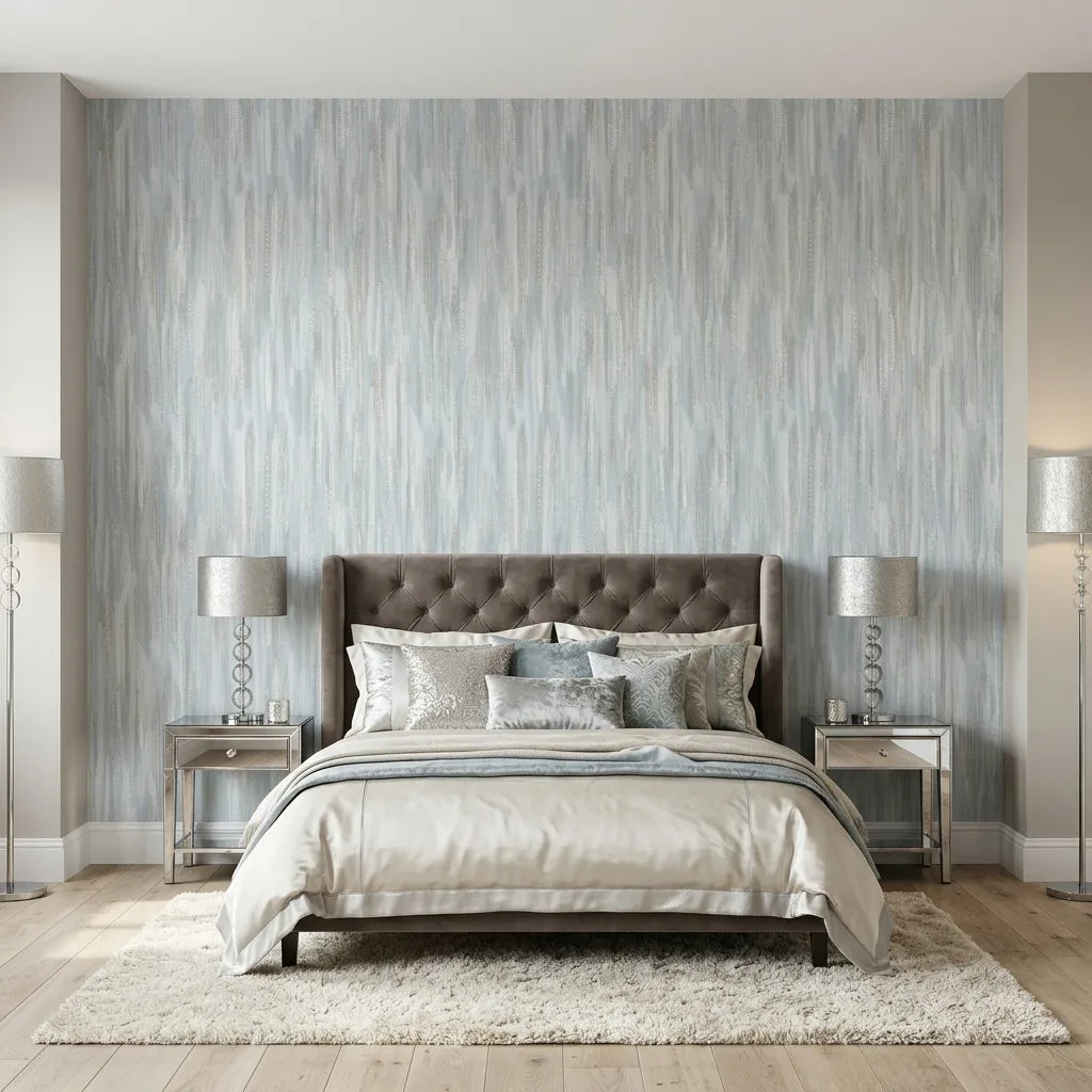 Bedroom - Modern room featuring York Wallcoverings 'Tribeca' wallpaper with blue, white & beige colors.