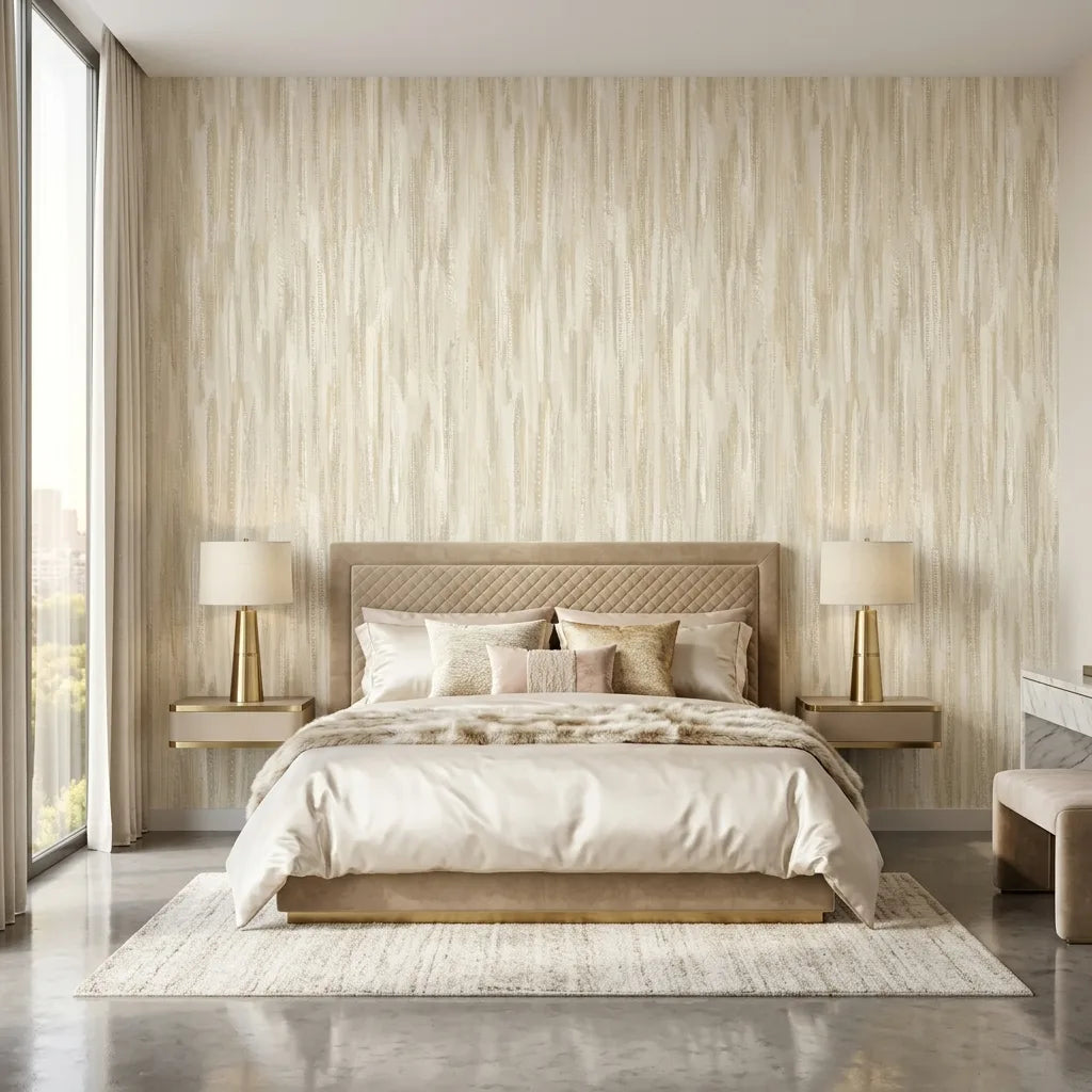 Bedroom - Elegant room featuring York Wallcoverings' 'Tribeca' wallpaper in a Cream and Beige pattern.