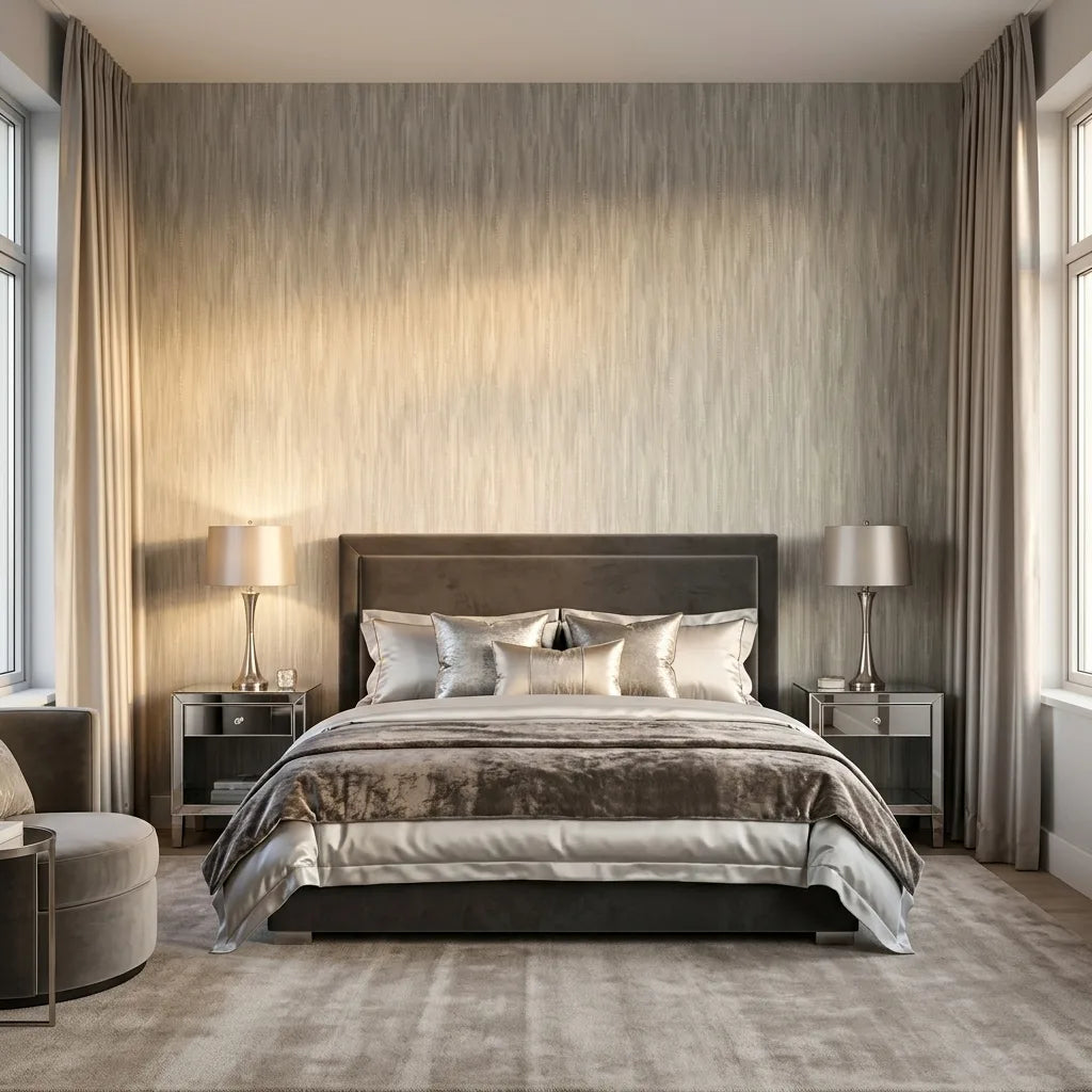 Bedroom - Modern bedroom featuring a serene accent wall with 'Tribeca' wallpaper in Light Grey Blue by York Wallcoverings.