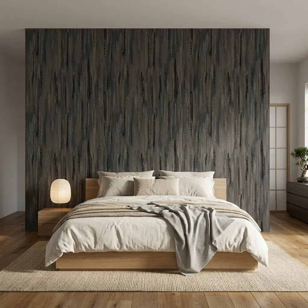 Bedroom - Elegant Tribeca wallpaper in Charcoal by York Wallcoverings enhances this modern bedroom's sophisticated style.