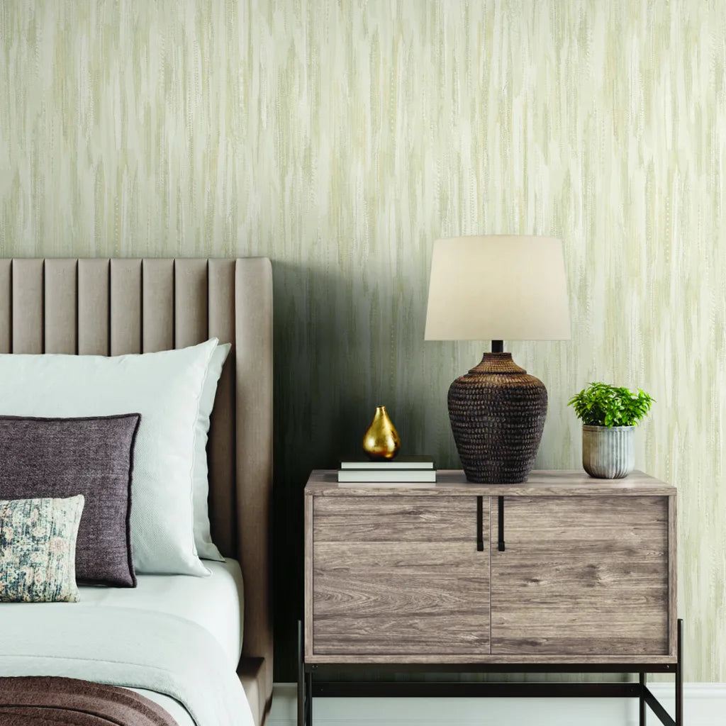 Elegant bedroom featuring Tribeca wallpaper in Cream and Beige by York Wallcoverings, creating a sophisticated and inviting space.