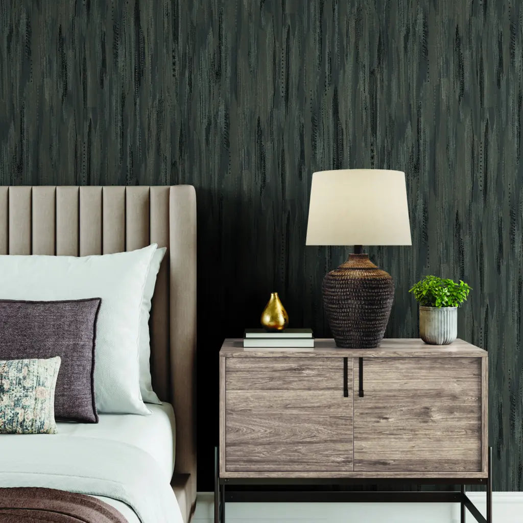 Modern bedroom showcasing elegant Tribeca Charcoal wallpaper from York Wallcoverings, adding depth and style.