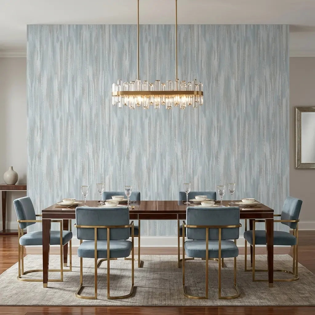 Dining Room - Elegant dining room showcasing Tribeca wallpaper in Blue, White, Beige by York Wallcoverings, creating a modern space.