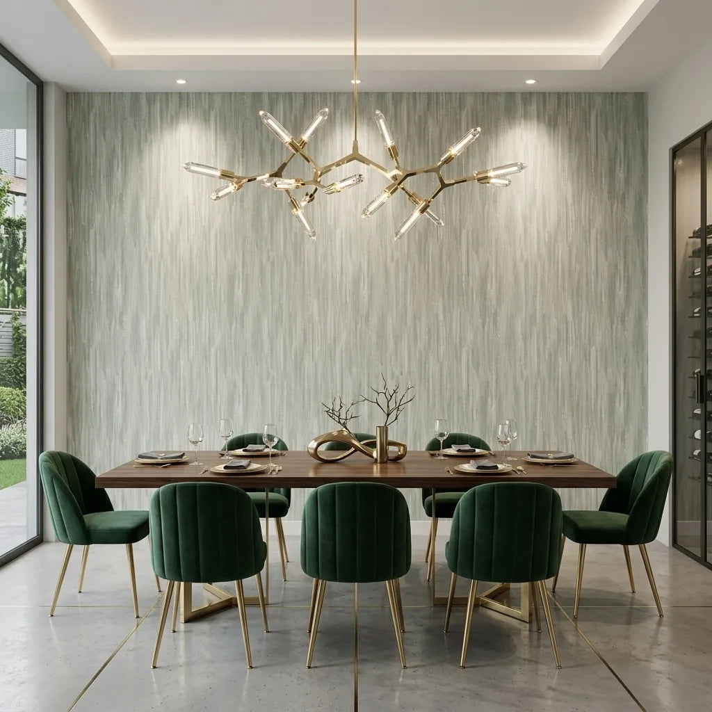 Dining Room - Elegant dining space featuring Tribeca wallpaper in Light Grey Blue by York Wallcoverings.