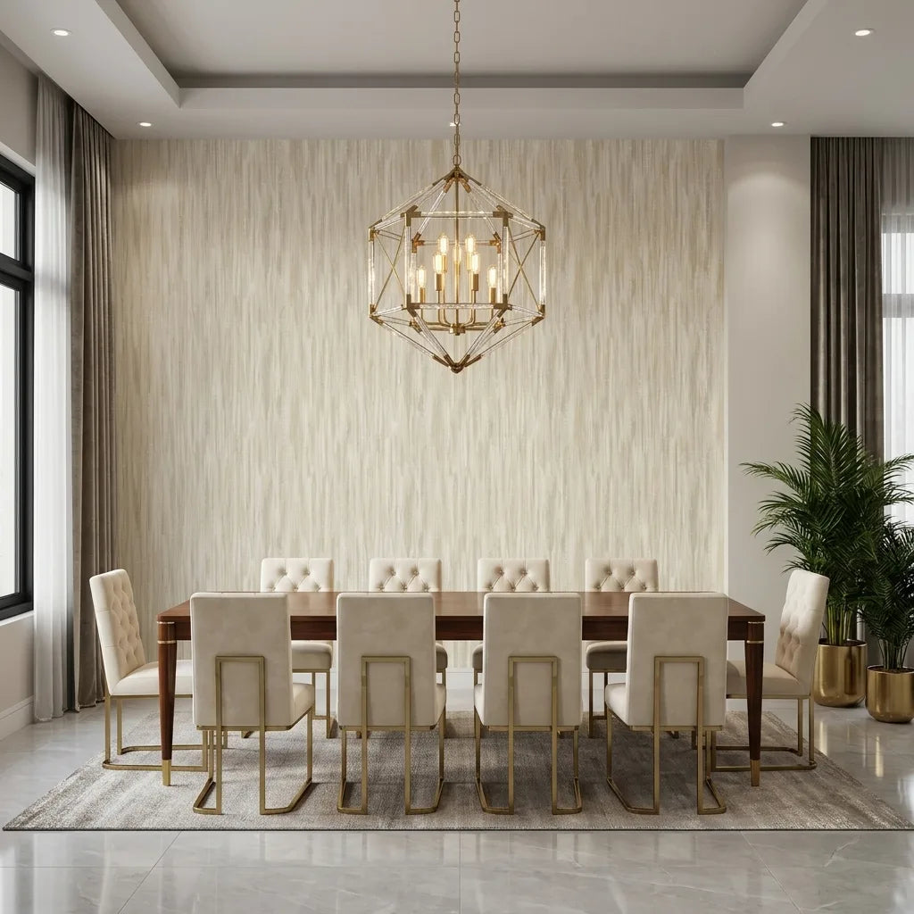 Dining Room - Elegant dining room featuring Tribeca wallpaper in Cream and Beige by York Wallcoverings, creating a sophisticated ambiance.