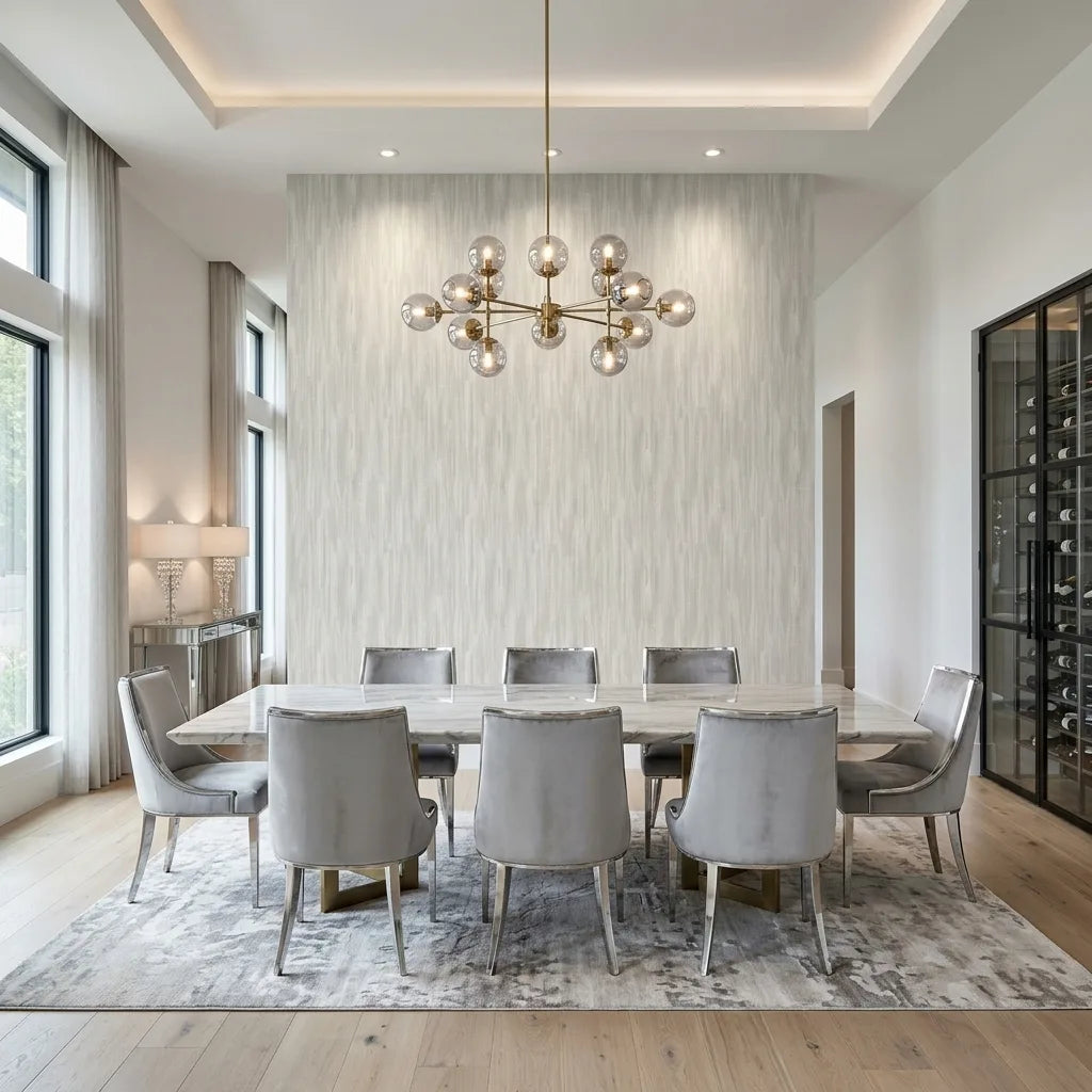 Dining Room - Elegant dining room featuring Tribeca wallpaper in Warm Ivory by York Wallcoverings, creating a sophisticated and inviting atmosphere.