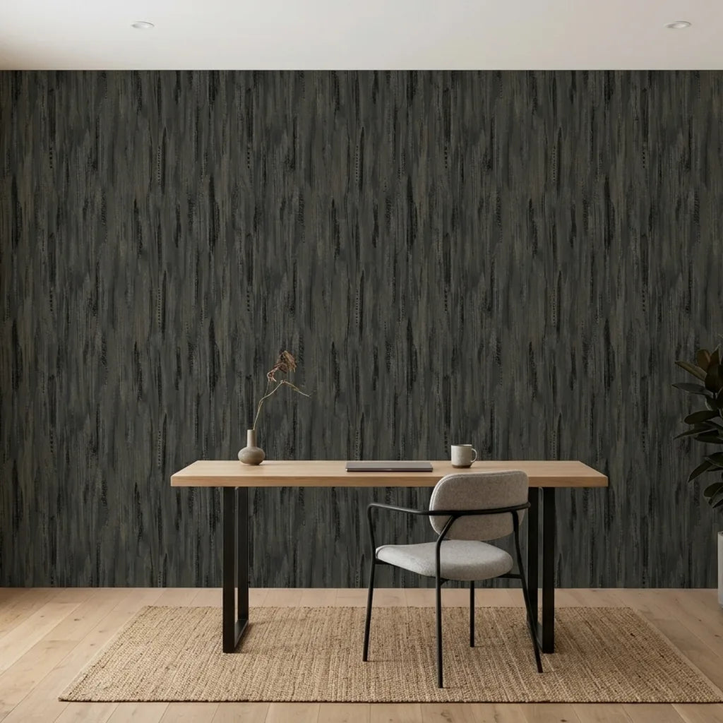 Home Office - Modern workspace with Tribeca wallpaper in Charcoal by York Wallcoverings, creating a sophisticated and productive environment.
