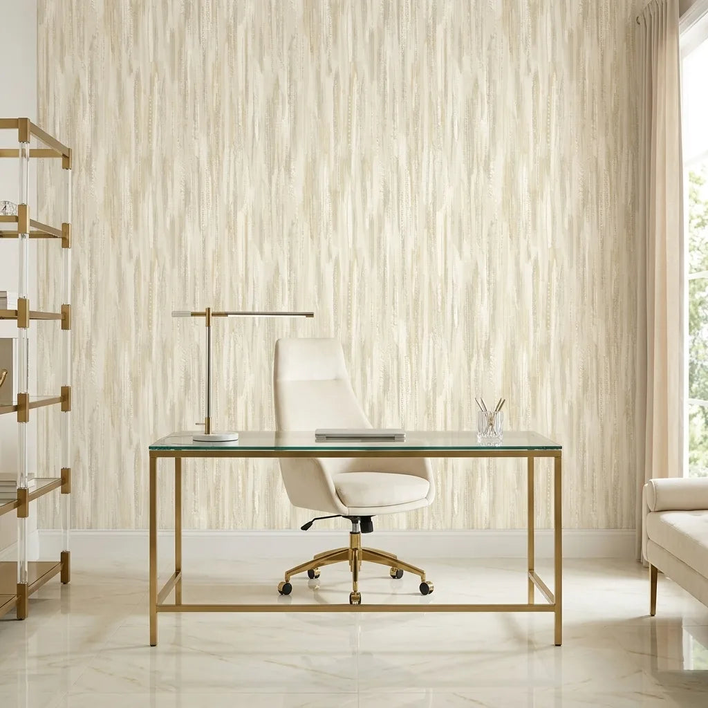 Home Office - Features Tribeca wallpaper in Cream and Beige by York Wallcoverings, creating a serene and stylish workspace.