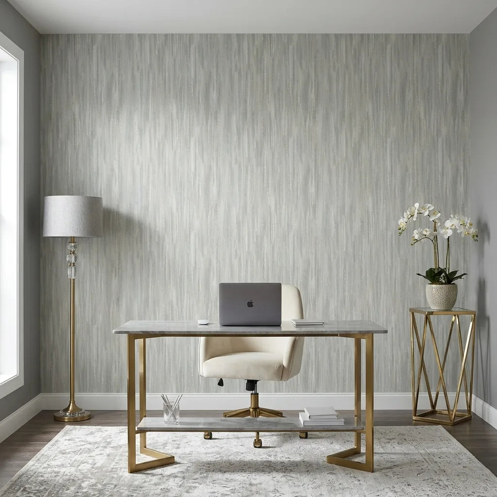 Home Office - Modern home office with stunning Light Grey Blue Tribeca wallpaper by York Wallcoverings for a stylish workspace.