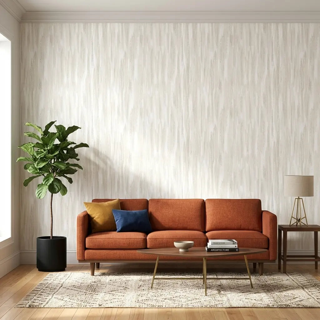 Living Room - Features elegant Tribeca wallpaper in Warm Ivory, adding sophisticated texture by York Wallcoverings.