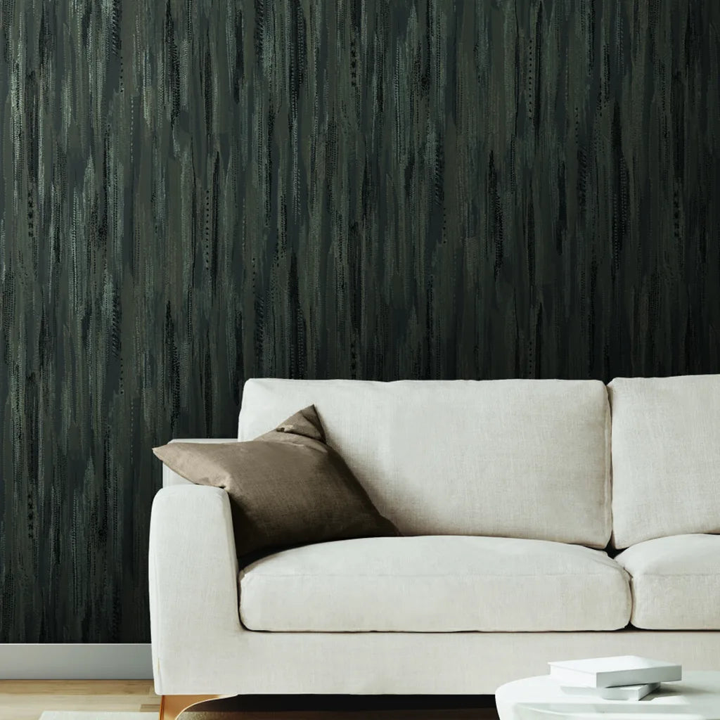 Modern living room showcasing sophisticated Tribeca Charcoal wallpaper by York Wallcoverings, enhancing a chic interior design.