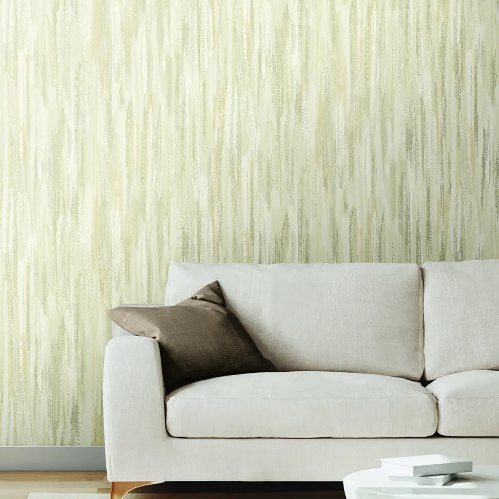 Living room featuring elegant Tribeca wallpaper in Cream and Beige by York Wallcoverings, enhancing a modern aesthetic.