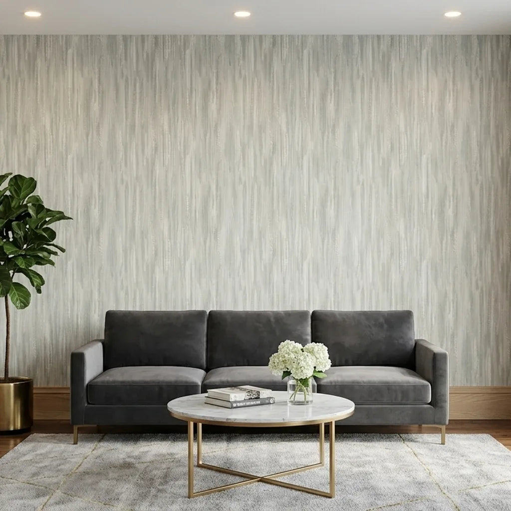 Living Room - Elegant living room features modern Tribeca wallpaper in Light Grey Blue by York Wallcoverings, enhancing the sophisticated space.