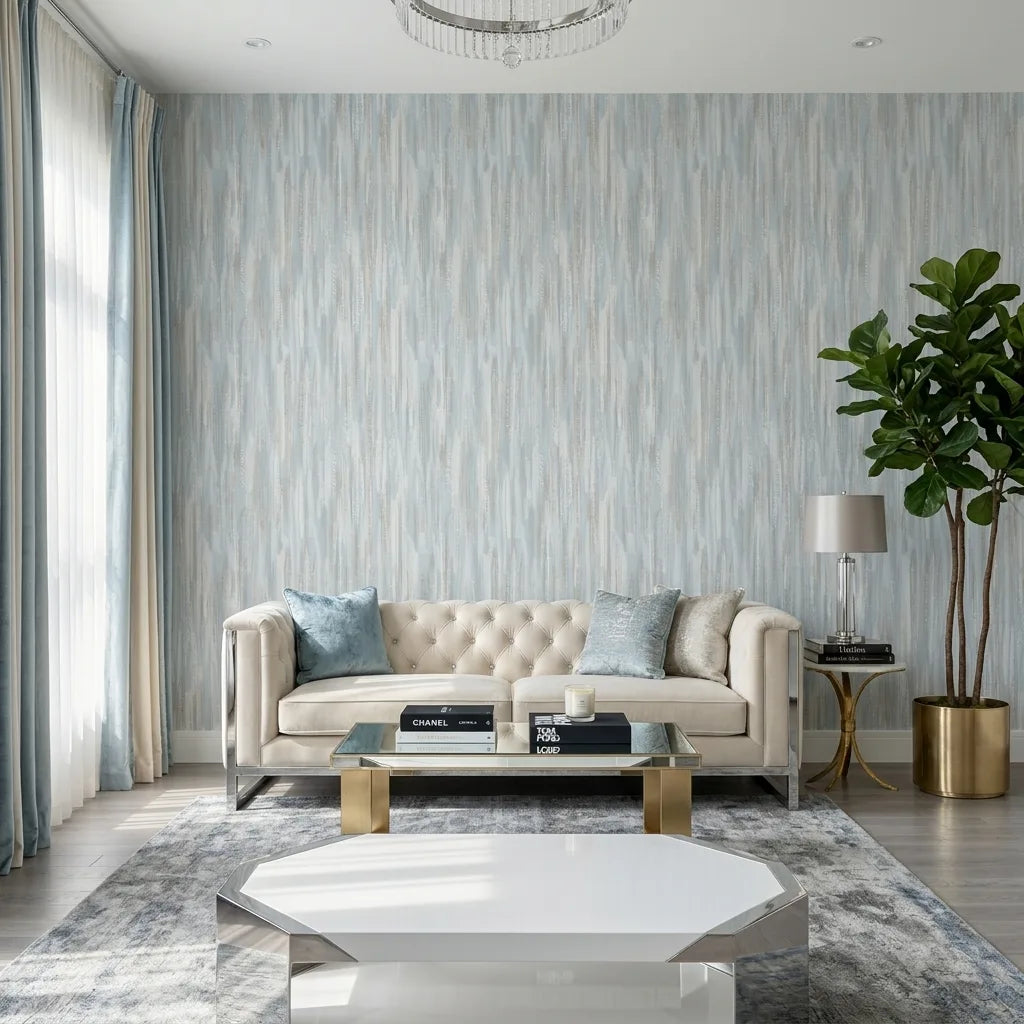 Living Room - Bright, inviting space showcasing Tribeca wallpaper by York Wallcoverings in stunning Blue, White, Beige.