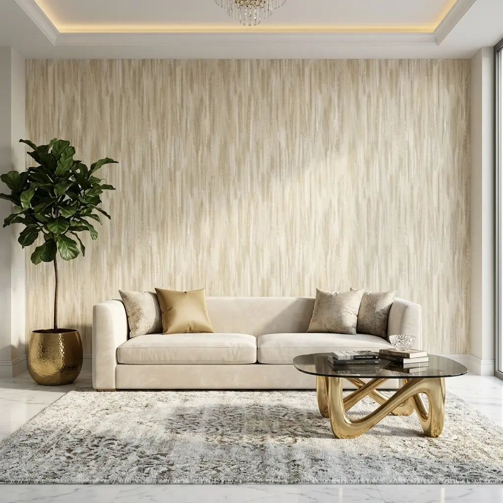 Living Room - Elegant Tribeca wallpaper in Cream and Beige by York Wallcoverings creates a warm and inviting space.