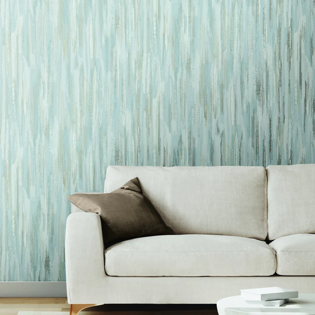 Stylish living room featuring Tribeca wallpaper in Blue, White, Beige by York Wallcoverings.