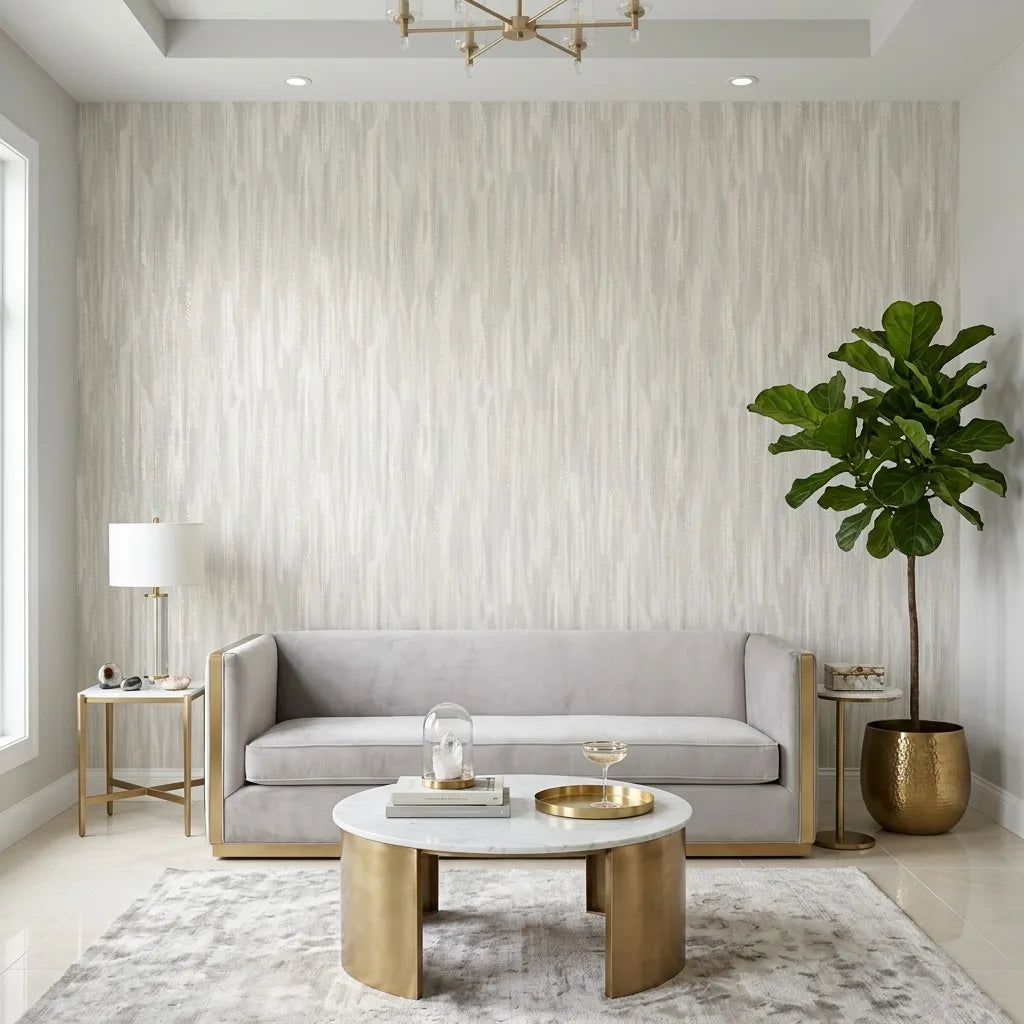 Living Room - Elegant living space features Tribeca wallpaper in Warm Ivory by York Wallcoverings, adding serene texture.