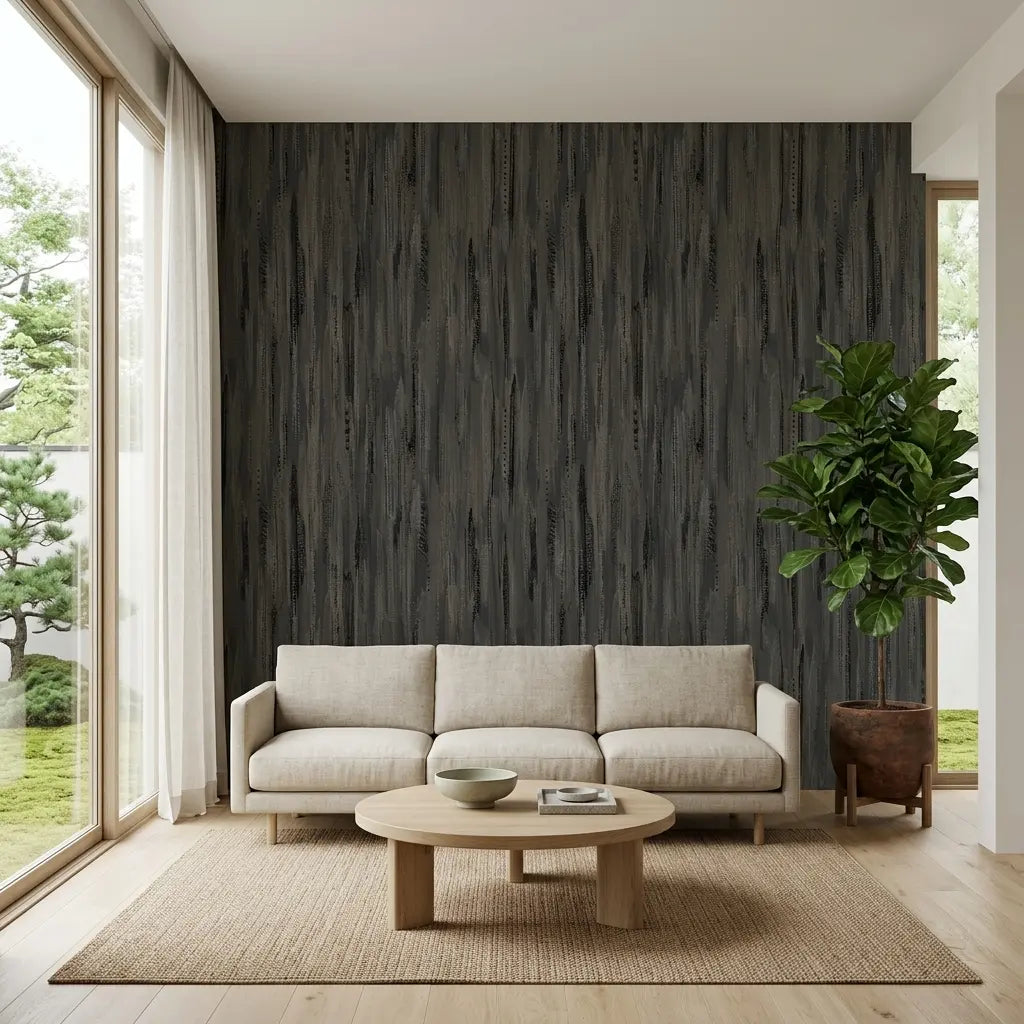 Living Room - Elegant living room with Tribeca Charcoal wallpaper by York Wallcoverings, adding a sophisticated modern touch.