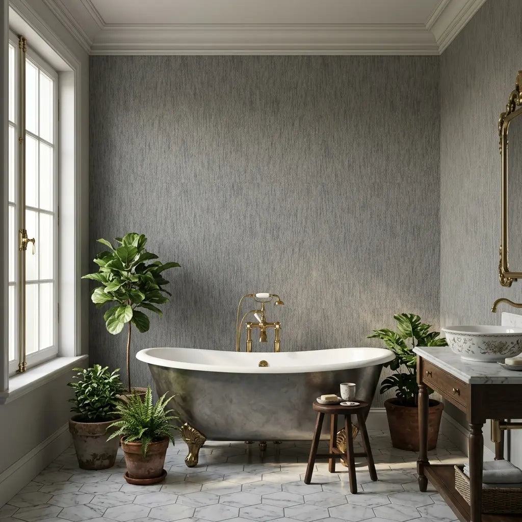 Bathroom - Elegant bath features York Wallcoverings' Twist Paperweave wallpaper in sophisticated Greige and Charcoal tones.