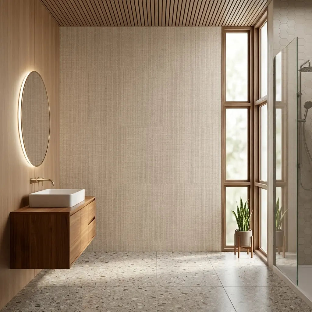 Bathroom - Warm Beige Twist Paperweave wallpaper by York Wallcoverings adds elegant texture to this stylish bathroom.