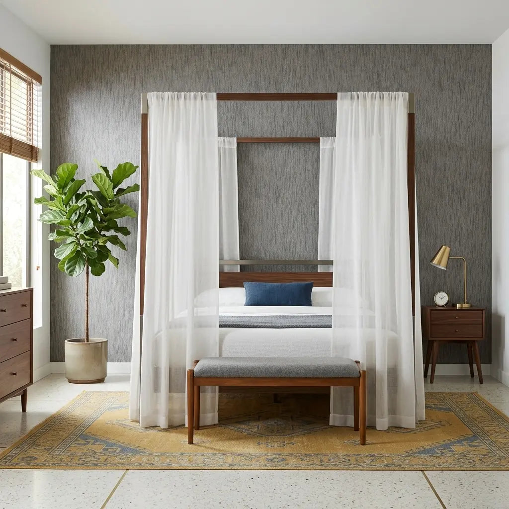 Bedroom - Textured Greige & Charcoal Twist Paperweave wallpaper by York Wallcoverings elevates this modern bedroom.