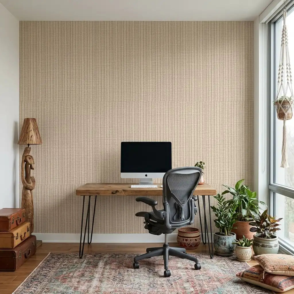 Home Office - Serene home office featuring textured Twist Paperweave wallpaper in Warm Beige by York Wallcoverings.