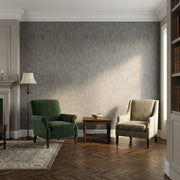 Living Room - Stylish living room featuring York Wallcoverings' Twist Paperweave wallpaper in Greige and Charcoal.