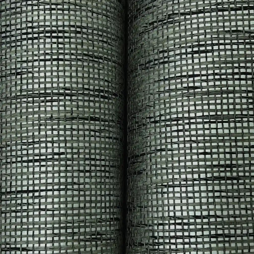 Close-up texture detail of York Wallcoverings' Twist Paperweave wallpaper in Greige and Charcoal.
