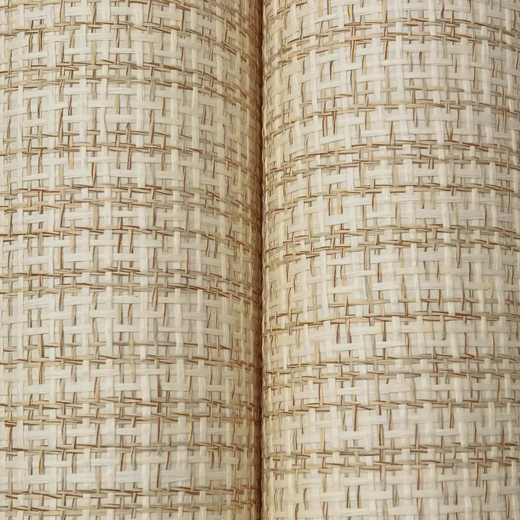Close-up texture of "Twist Paperweave" wallpaper in warm beige by York Wallcoverings, highlighting its intricate paperweave pattern.