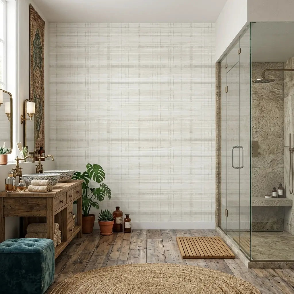 Bathroom - Elegant space featuring 'Vanishing Point' wallpaper in Cream, White by York Wallcoverings, creating a serene modern design.