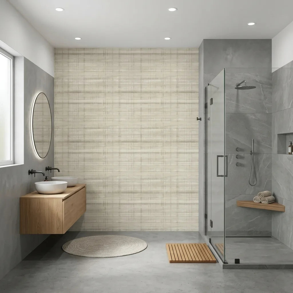 Bathroom - Elegant bathroom featuring 'Vanishing Point' wallpaper in Beige, Taupe by York Wallcoverings.