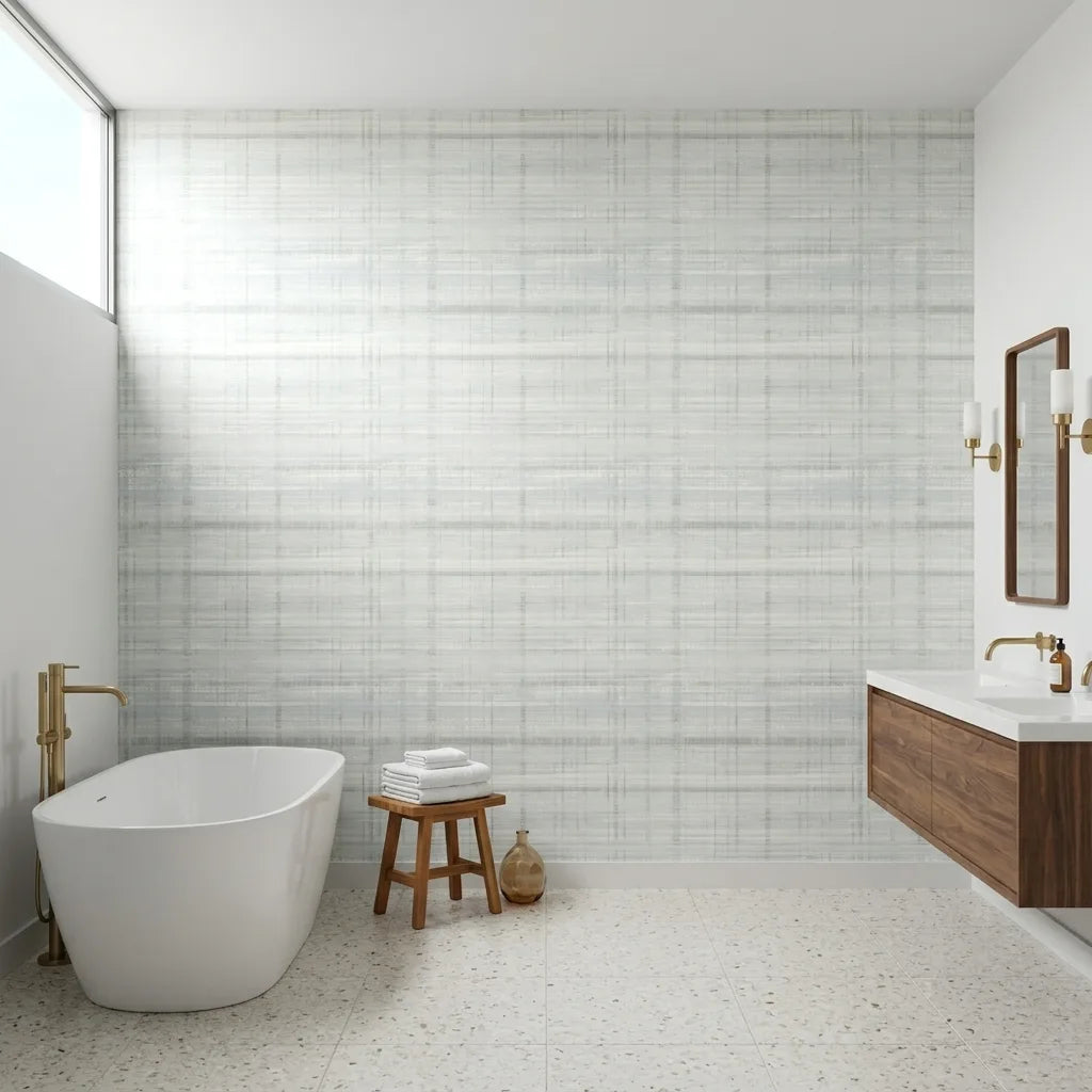 Bathroom - Modern space featuring 'Vanishing Point' wallpaper in Grey, Blue, White by York Wallcoverings, creating a sleek, stylish look.