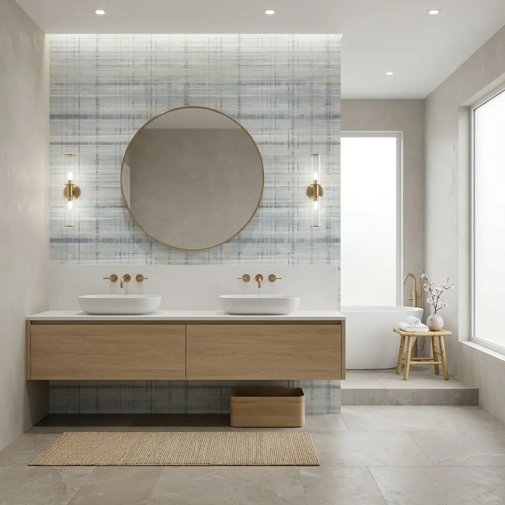 Bathroom - Modern bath featuring stunning "Vanishing Point" wallpaper by York Wallcoverings in elegant Blue, Grey, and White.