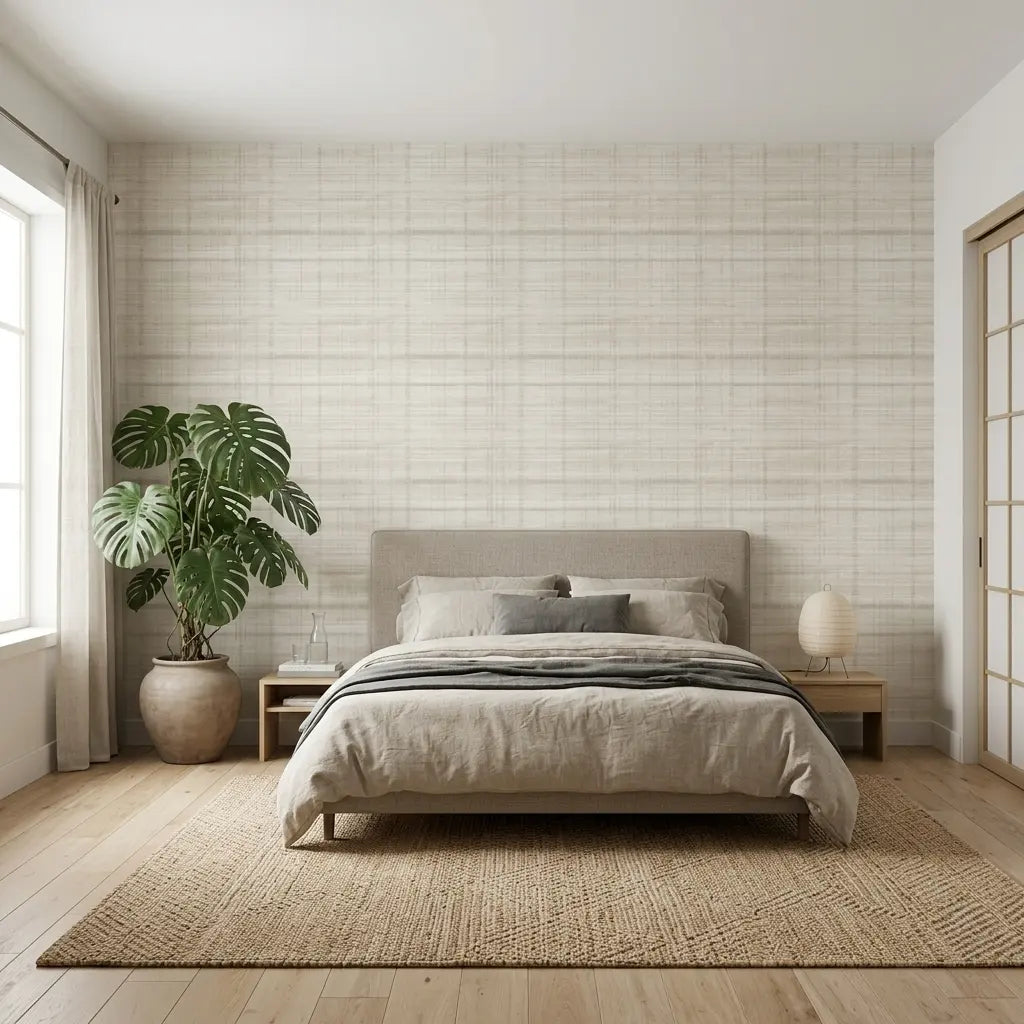 Bedroom - Modern bedroom featuring 'Vanishing Point' wallpaper in Cream, White by York Wallcoverings.