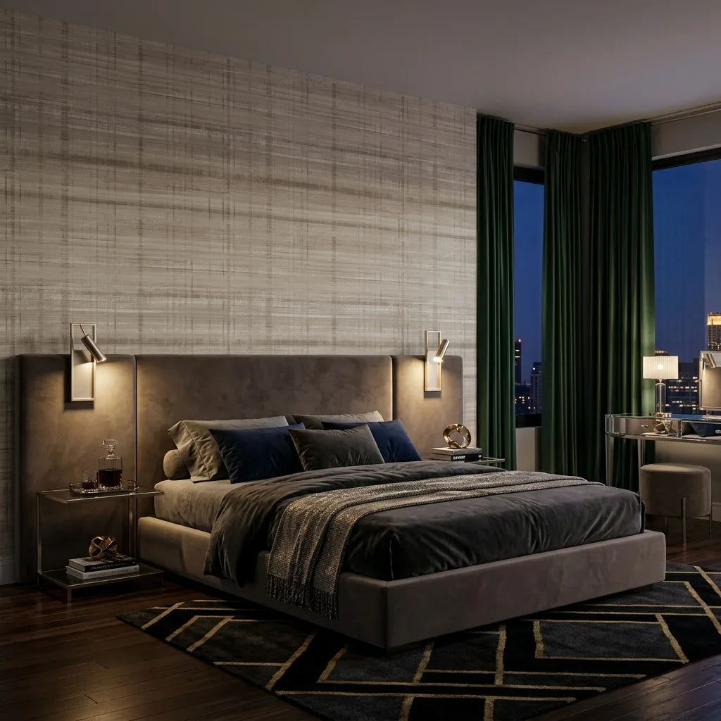 Bedroom - Modern bedroom showcasing 'Vanishing Point' wallpaper by York Wallcoverings in sophisticated Beige and Taupe tones.