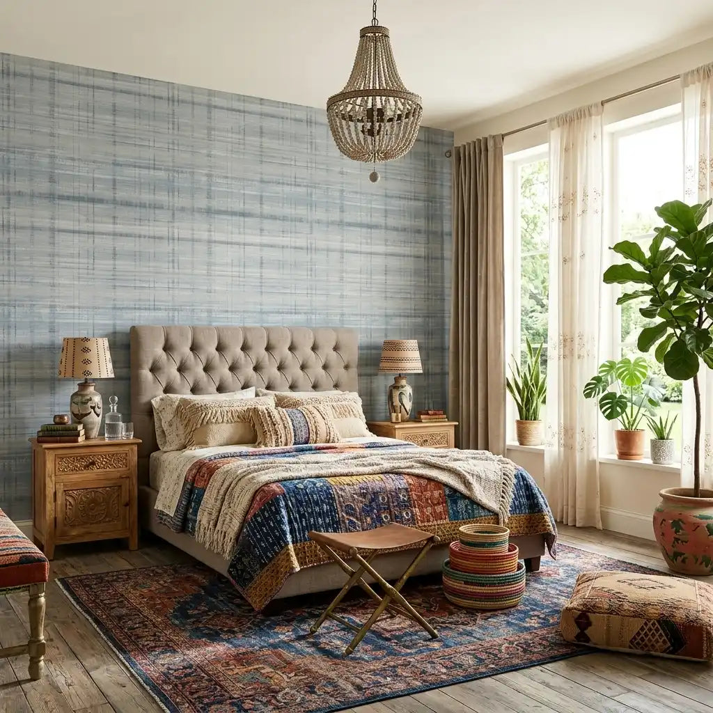 Bedroom - Vanishing Point wallpaper by York Wallcoverings in Blue, Grey, White creates a serene and modern bedroom design.