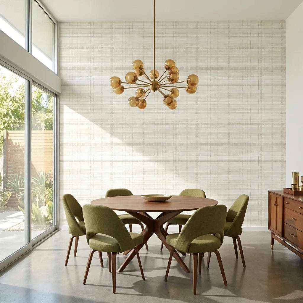 Dining Room - Stylish dining space featuring York Wallcoverings' 'Vanishing Point' wallpaper in Cream, White.
