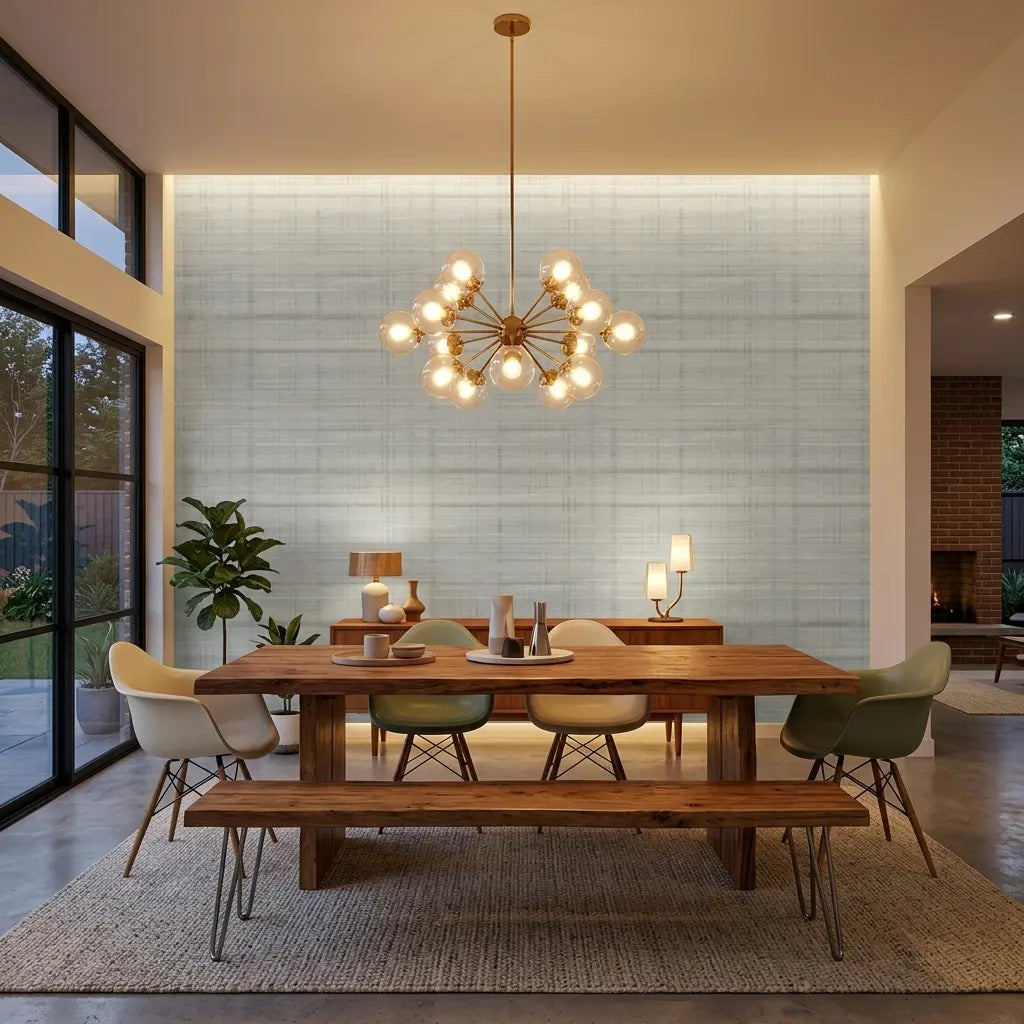 Dining Room - Modern space with stunning 'Vanishing Point' wallpaper in Grey, Blue, White by York Wallcoverings creating depth.