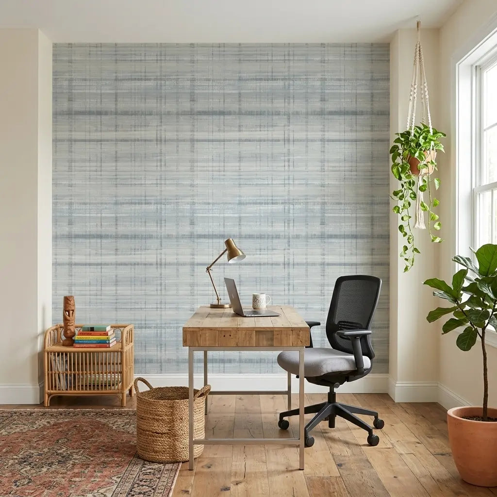 Home Office - Modern home office with stunning 'Vanishing Point' wallpaper in blue, grey & white by York Wallcoverings.