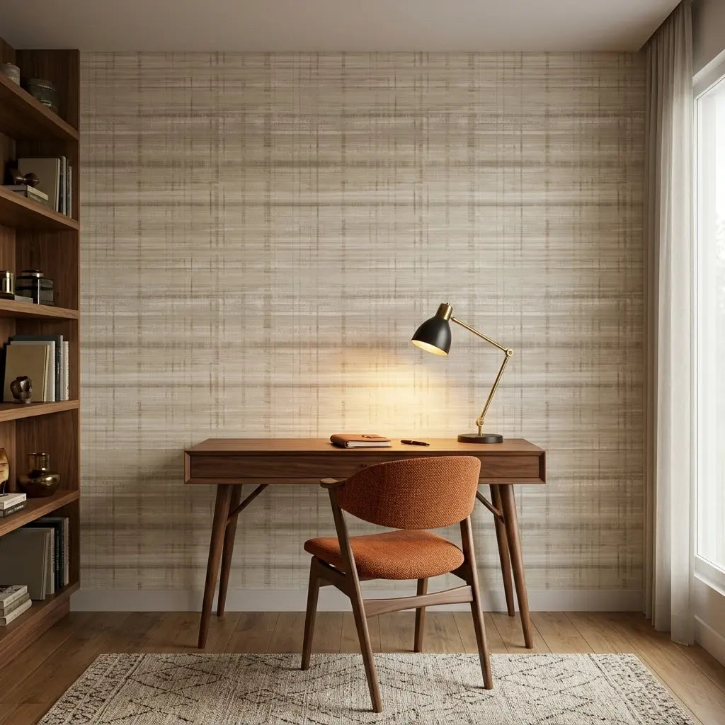 Home Office - Stylish workspace featuring "Vanishing Point" wallpaper in warm Beige & Taupe tones from York Wallcoverings.