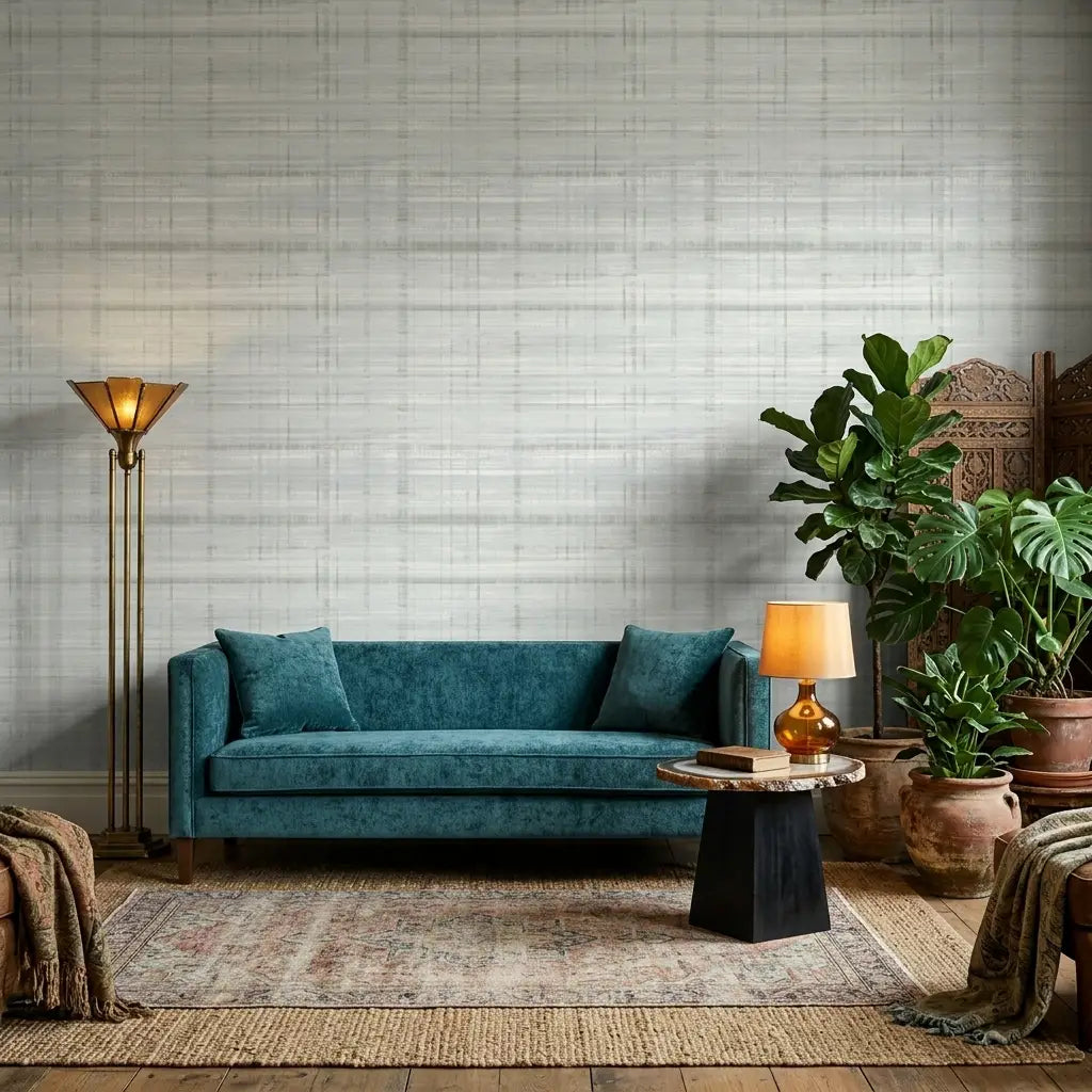 Living Room - Modern living room with stunning Vanishing Point wallpaper in Grey, Blue, White by York Wallcoverings.